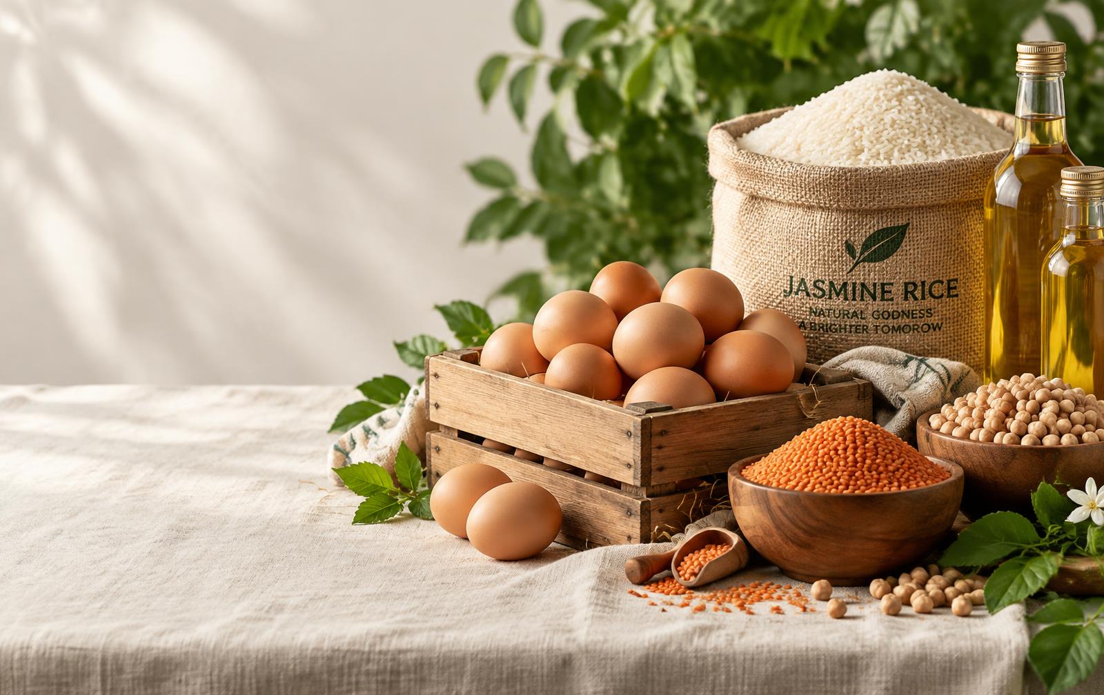 Eggs, rice, cooking oil, lentils and chickpeas on a table