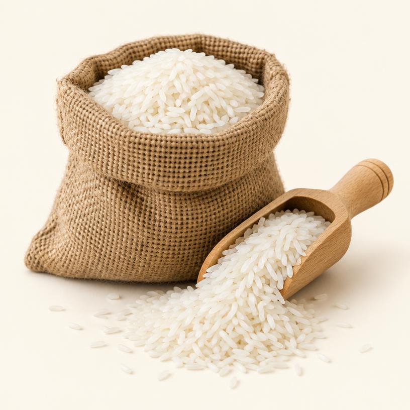 Sack of white rice with a wooden scoop